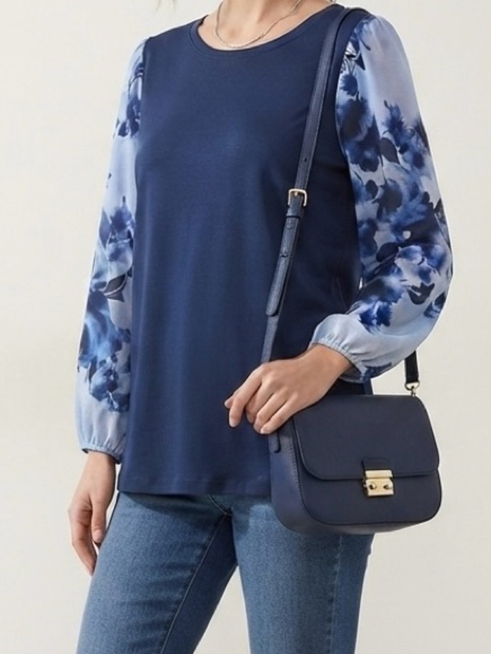 Counterparts • Navy Knit Top Sheer Floral Balloon Sleeves Size M